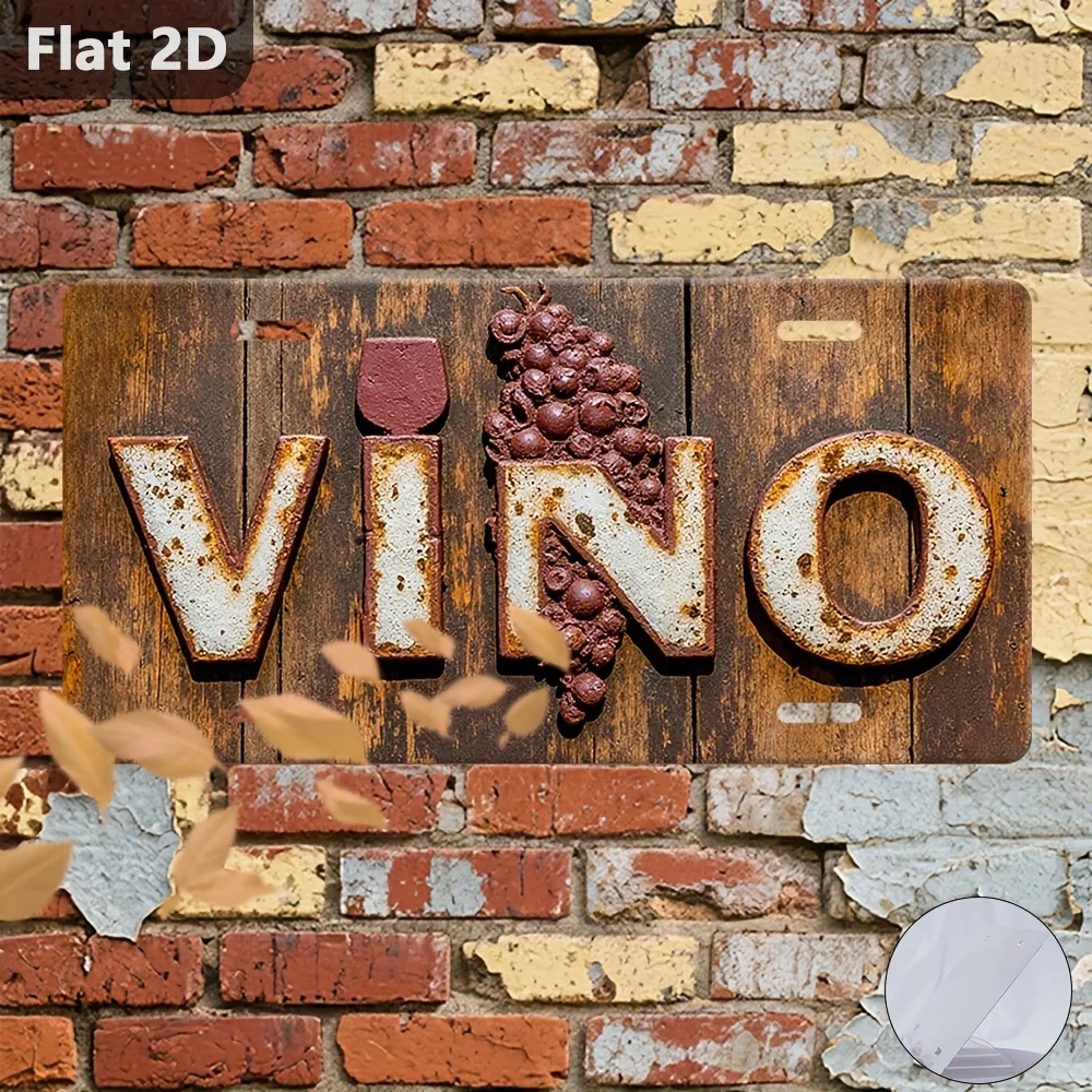 Letrero de Metal Vintage 2D Plano, 1 Pieza, Decoración de Pared con Diseño de VINO, 30.48cm x 14.99cm, Placa de Aluminio con Letras Rojas y Blancas y Racimo de Uvas D