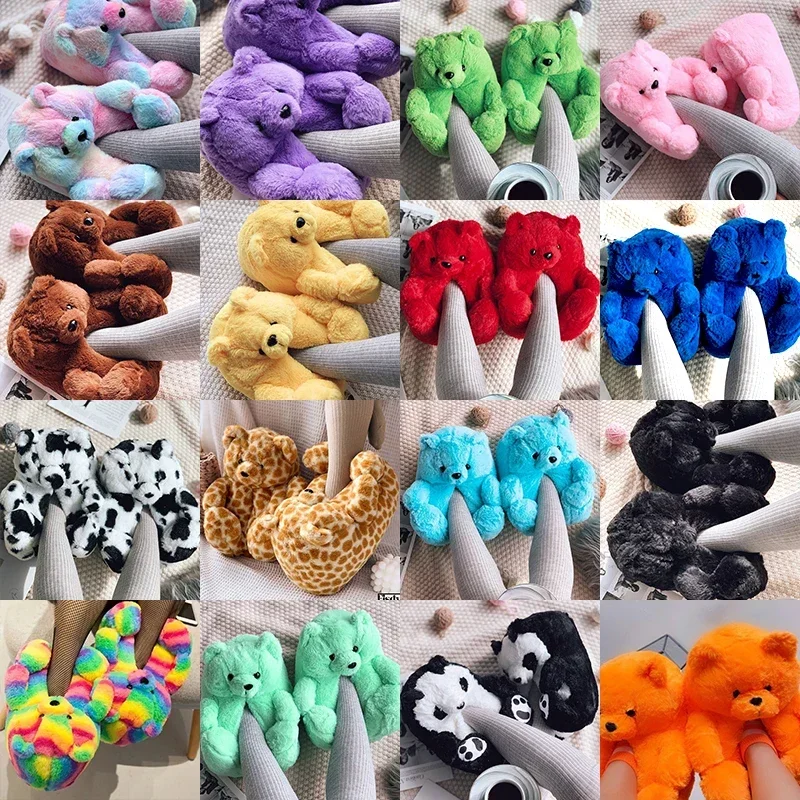 Sandal musim dingin boneka beruang Teddy lucu sandal dibungkus tumit menyenangkan sepatu lantai dalam ruangan hadiah wanita hangat dan lembut kartun boneka hewan Sl