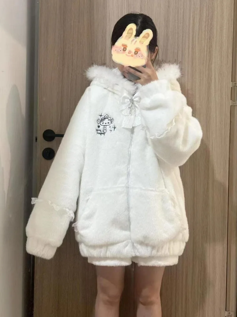Sweet Cute Fleece Coats Thicken Hooded Faux Fur Collar Ears Bow Lace Jackets White Y2k Aesthetics Tops Cat Embroidery Hoodies
