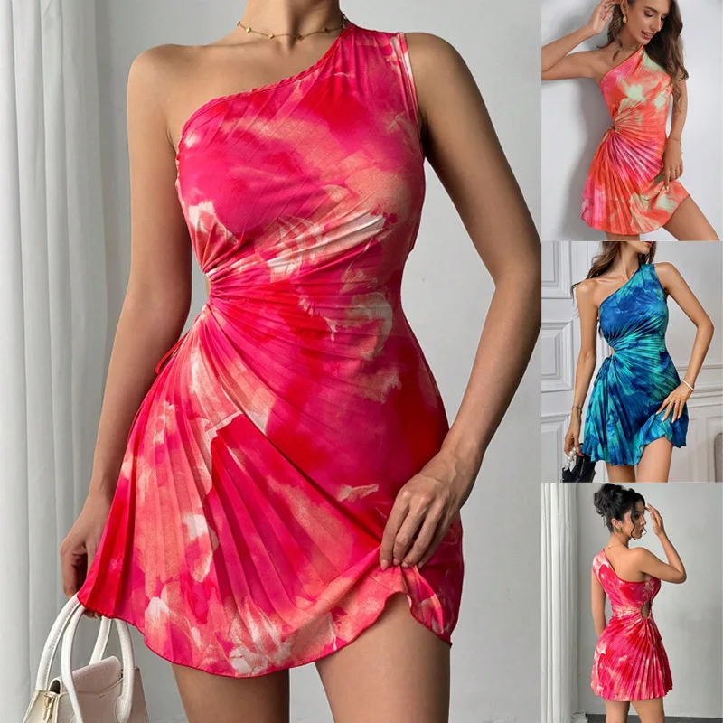 

Women Mini Dreses 2026 Spring Sexy Hot Girl Style Printed Pleated Dress Women's Apparel