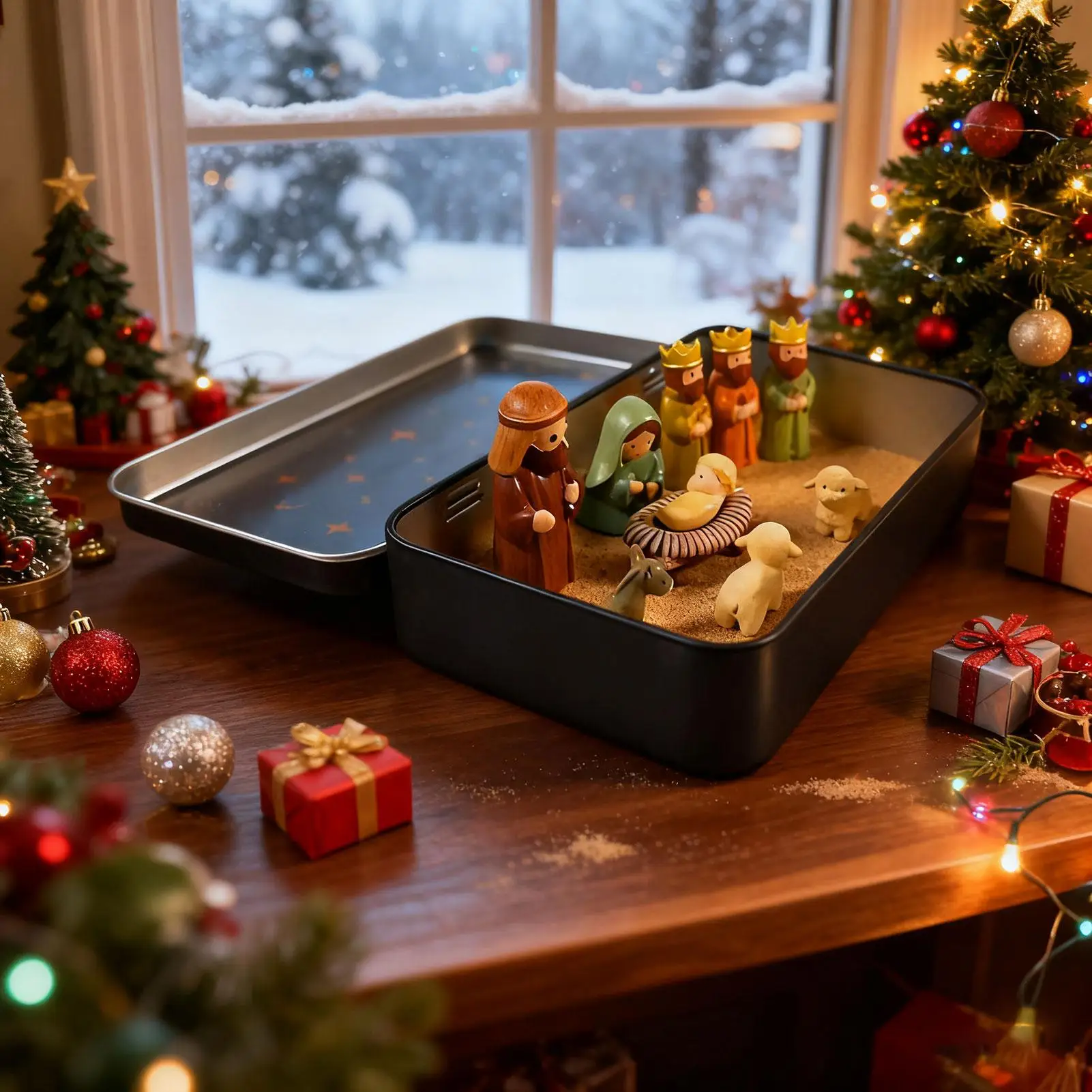 مجموعة المهد في صندوق من القصدير بحجم الجيب لتزيين ولادة يسوع وعيد الميلاد وديكور عرض المهد لمدخل غرفة النوم والمكتب المنزلي