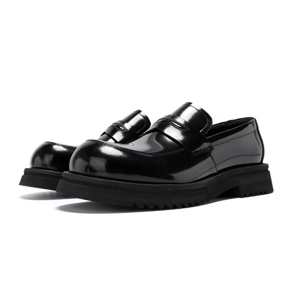 Summer Mens Genuine Leather Thick Sole Loafers Bright Surface Round Head Slip on Fashion Casual Business Dress Shoes