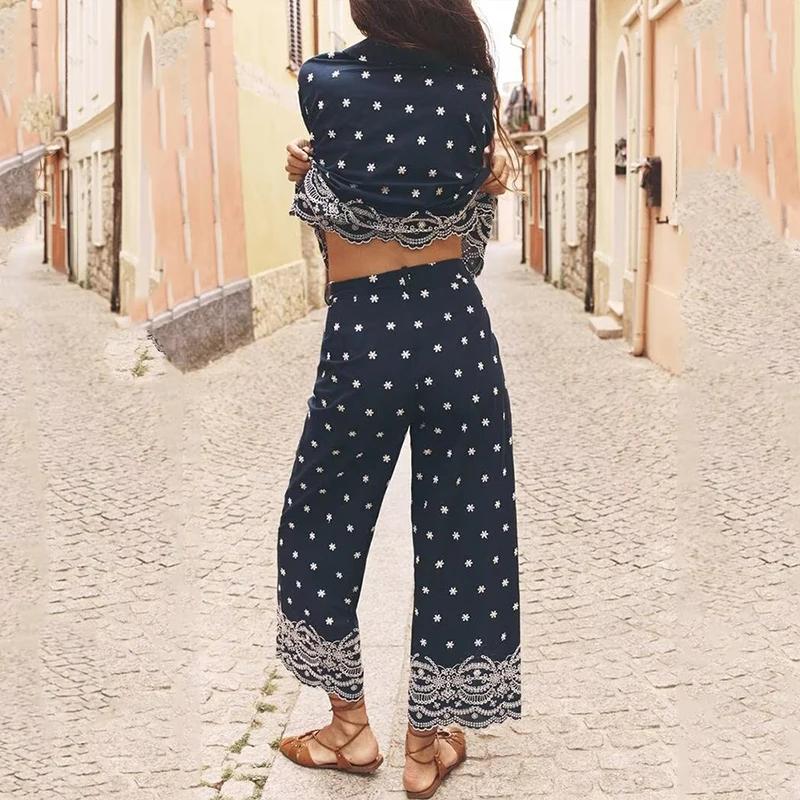 Mode Stickerei Hemd 2 Stück Set Frauen 2025 Neue Frühling Herbst Langarm Revers Hemd + Hohe Taille Lose Breite bein Hosen