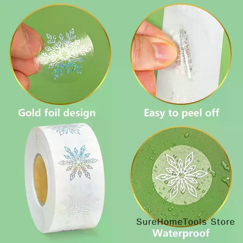 

500 Sheets/Roll Transparent Snowflakes Stickers Christmas Gift Tags Kids Baking Package Envelope Xmas Holiday Stationery