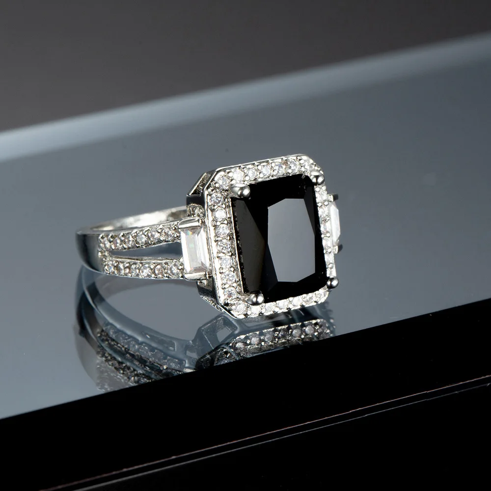 

Fashion Female Rings 925 Sterling Silver Square Cut Finger Rings for Women Tourmaline Black Zircon Wedding Jewelry Anillos Mujer