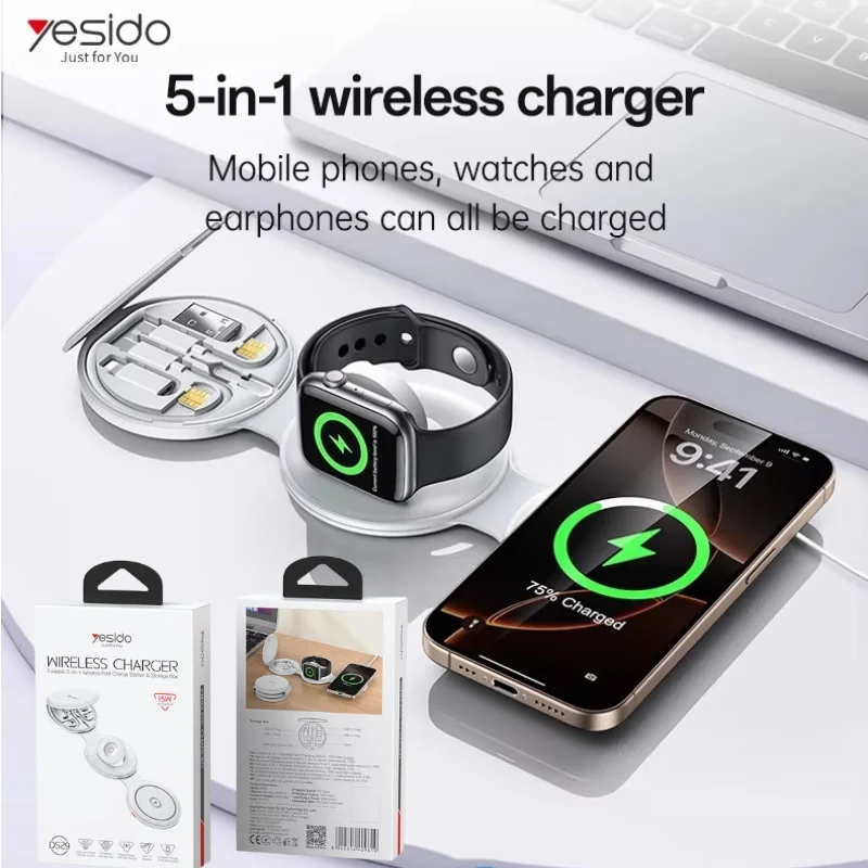 Yesido سماعات أذن للهاتف 5 في 1 شاحن لاسلكي مناسب للشحن اللاسلكي Android 15/16/17