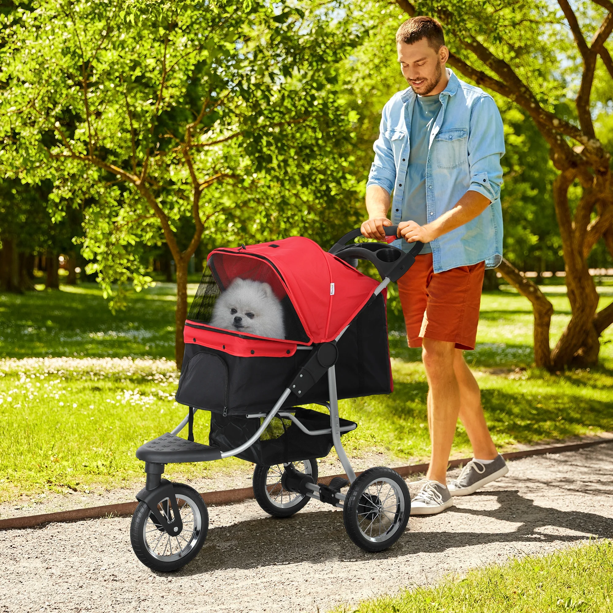 PawHut hondenkar, buggy voor katten, dierenwagen met 3 wielen, opvouwbaar, rood