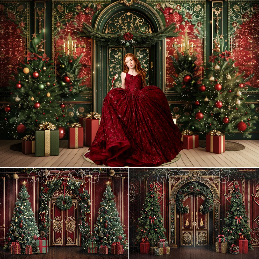 Christmas Photography Backdrop Vintage Ornate Door Presents Decoration Tree Dark Burgundy Wreath Greenery Baby Shower Background