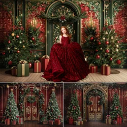 Christmas Photography Backdrop Vintage Ornate Door Presents Decoration Tree Dark Burgundy Wreath Greenery Baby Shower Background