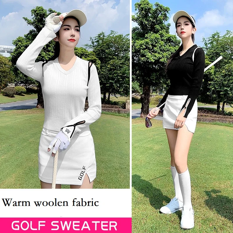 Pgm Korean Women's Golf Shirts Autumn Winter Knitted Sweatshirt Ladies V-Neck Long Sleeve Golf Tops Warm Hollow Out Sweaters