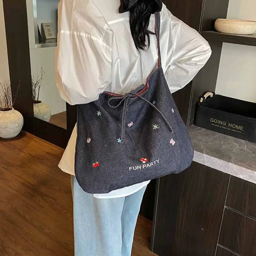 

Cloth Double Sided Plaid Bag Cartoon Dog Korean Style Denim Shoulder Bag Retro Large Capacity Bohemian Messenger Bag Outdoor