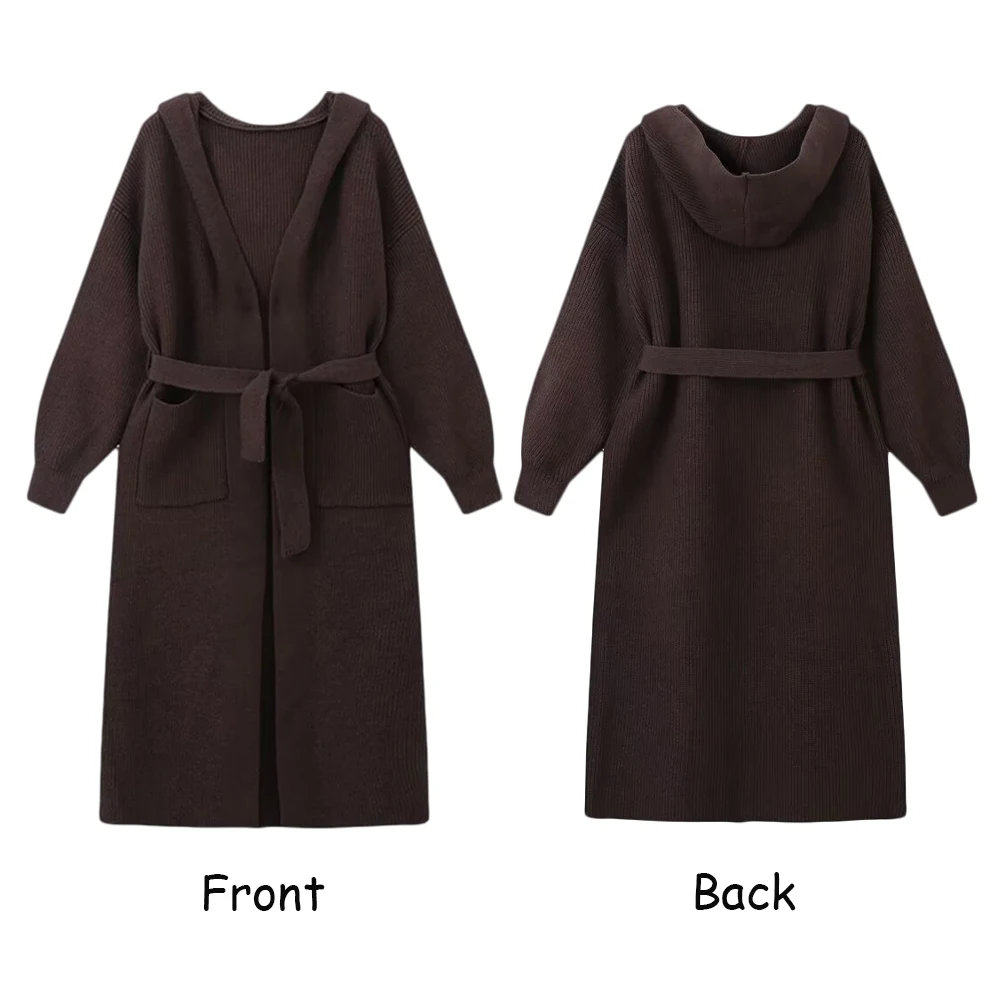 TRAF ZR Vintage Long Women's Cardigan Front Patch Pockets Classic Hooded Knitted Outerwears High Street Lantern Sleeve Wrap Coat