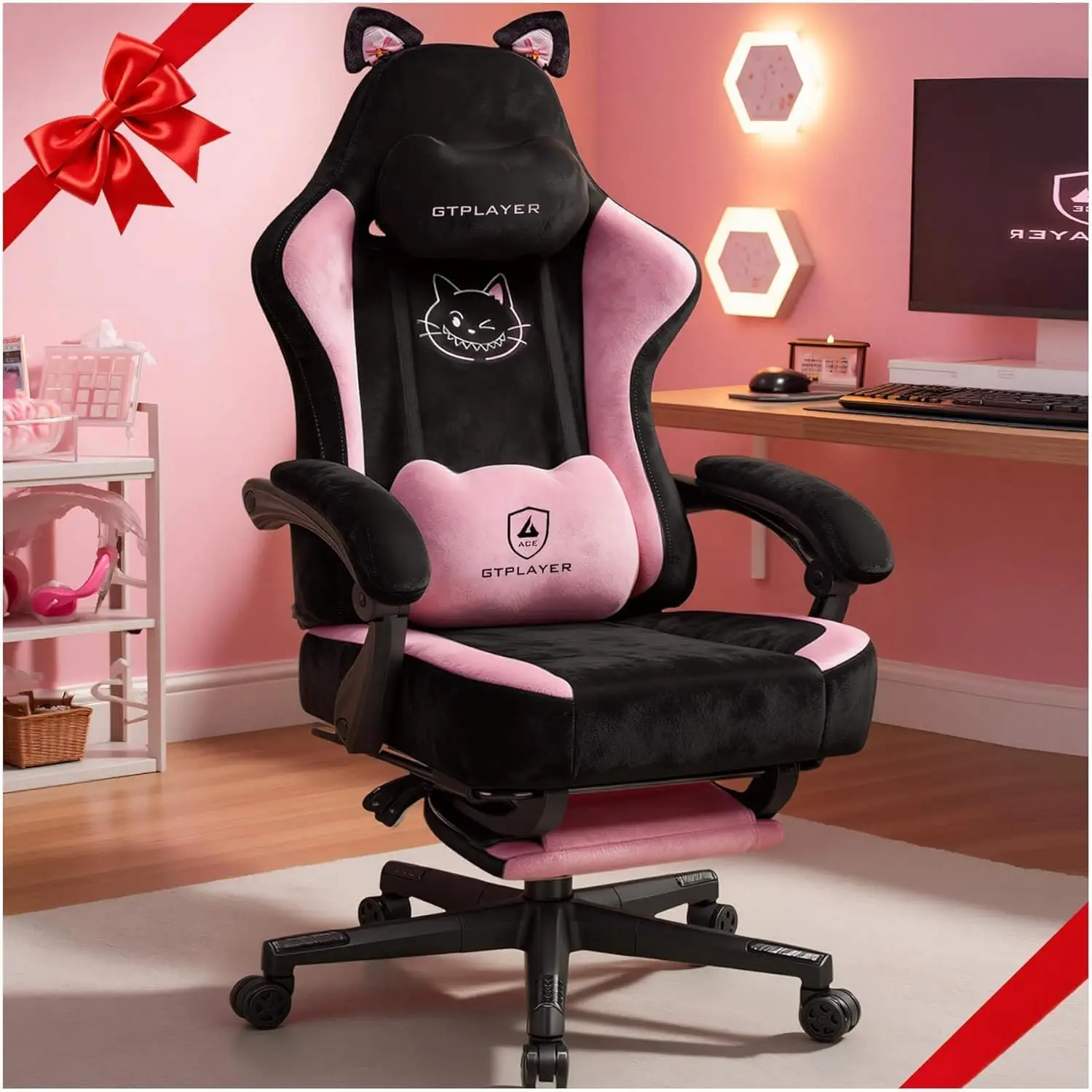 Cute Cat Ear Gaming Chair with Footrest, Ergonomic Reclining Desk Chair for Adults and Teens in Soft Fabric, Pink Black