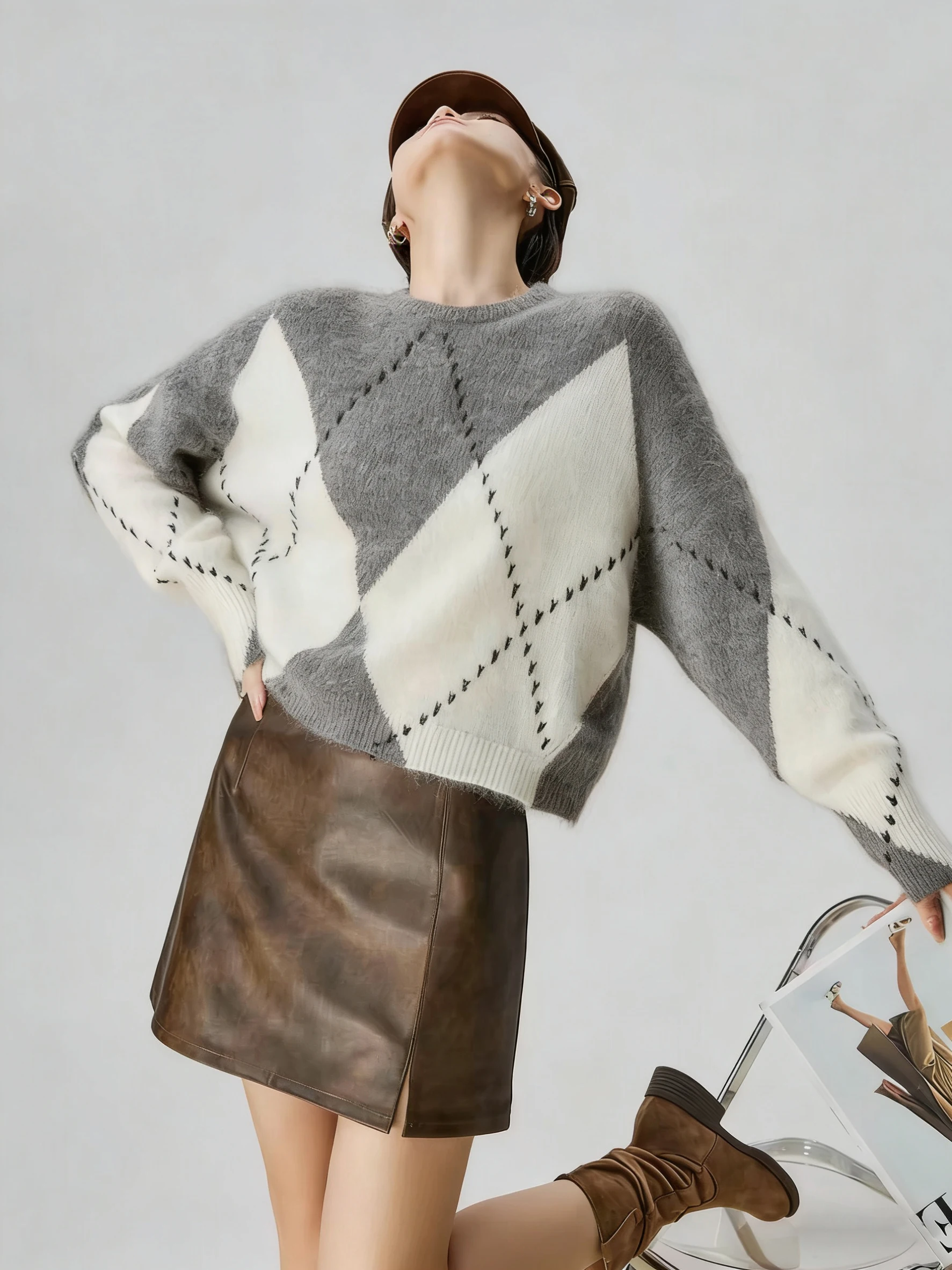 

Свободный вязаный свитер с круглым вырезом для женщин, контрастный цвет, ромбовидный узор, зимний топ, повседневная мода