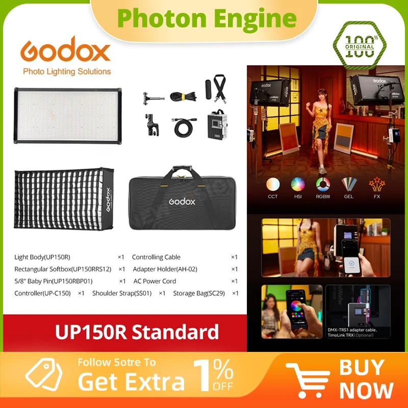 Godox LiteWafer UP150R Full Color LED Light Panel Slim Profile Design Quick-Release Mounting System Built-in 14 Special Effects