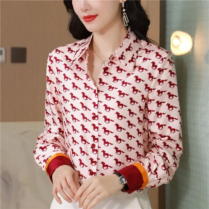 2024 New Elegant Women Blouse Turn-Down Collar Printed Women Shirt  Fashion Color Block Twill Long Sleeve Straight Top for Women