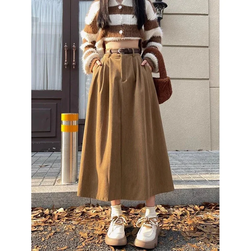 Vintage Corduroy Belt Midi Skirt Women Fall Winter Casual High Waist Loose Skirts Retro Office Lady All Match Female Skirts New
