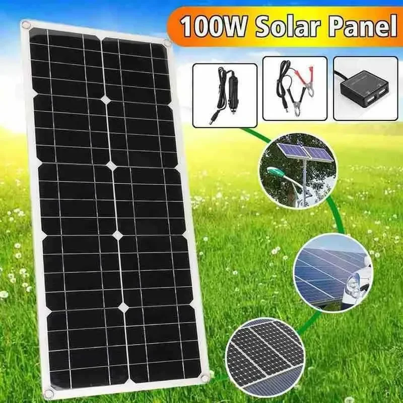 Flexible Solar Panel with Controller Cables Module, Solar Battery for Car, RV, Boat, Camping, Outdoor, 100W, 10A-100A, 12V, 24V