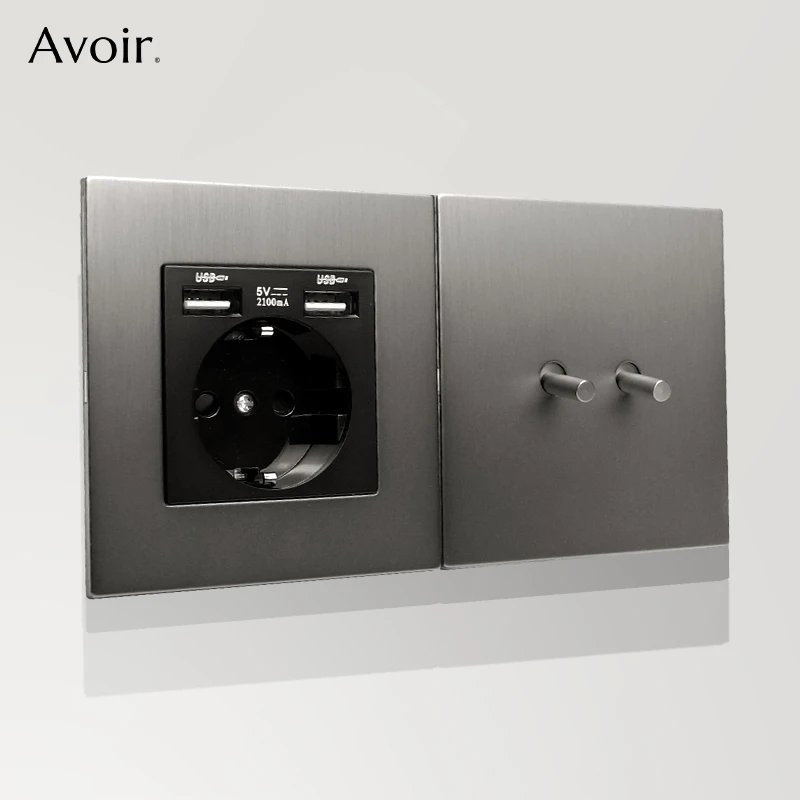 Avoir Wall Toggle Switch Gray Stainless Steel Panel Light Switches 2Way Power Socket Europe Korea UK French Electrical Outlets