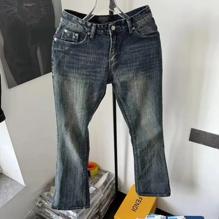 

Washed Vintage Bamboo Stripe Denim Jeans American High Street Cleanfit Men's Slim Tall Micro Flare Pants Casual Straight Leg