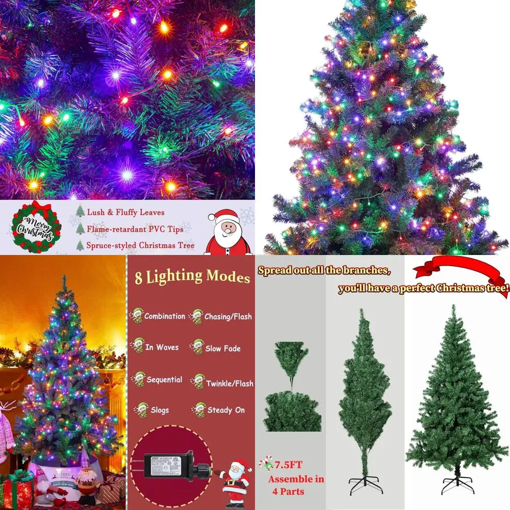 

600 светодиодов, разноцветная искусственная рождественская елка премиум-класса высотой 7,5 футов с 8 режимами освещения, 14000 советов, прочная подставка, рождественское украшение