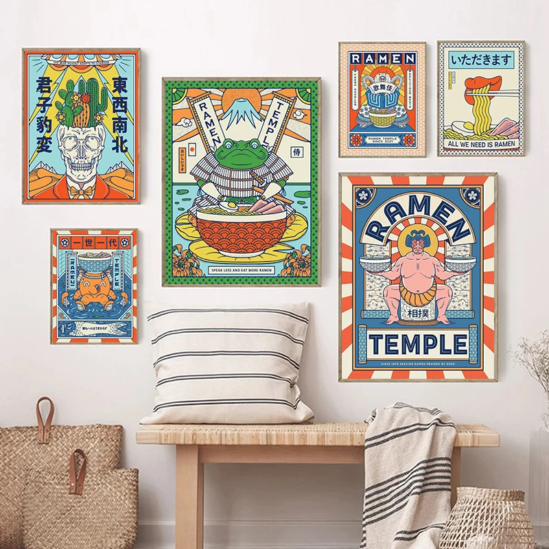 Pintura en lienzo de arte japonés, póster de personajes de Sumo Ramen Noodles Temple Kaiju Kabuki, imagen de pared de dibujos animados para sala de estar, decoración del hogar