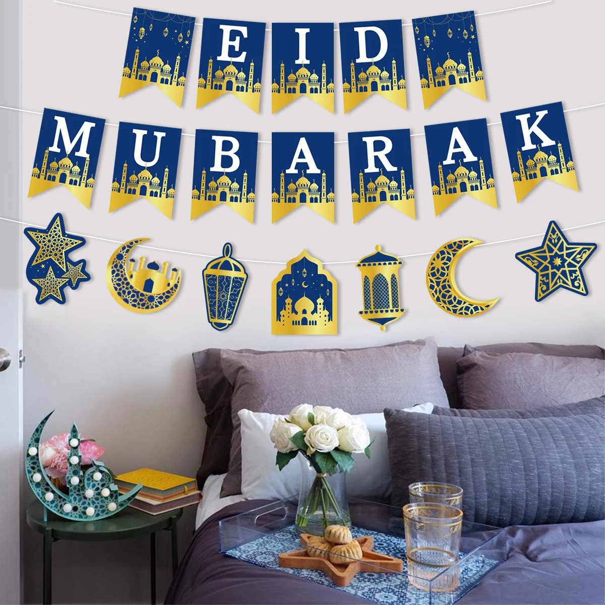 EID Mubarak ตกแต่งกระดาษแบนเนอร์ Ramadan Decor 2025 สําหรับ Home แบนเนอร์ Ramadan Kareem อิสลามมุสลิม Eid Al Adha ของขวัญ