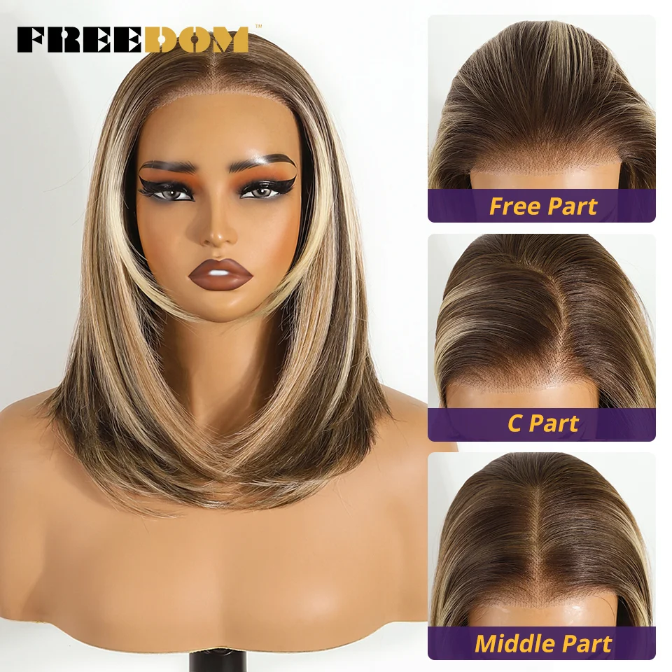 FREEDOM Synthetische Lace-Front-Perücken für Damen, gestufte, gerade, kurze Bob-Perücke, 6x4, zum einfachen Anlegen, ohne Klebstoff, Ombre-Braun, vorgezupfte Perücke. – Detail 7