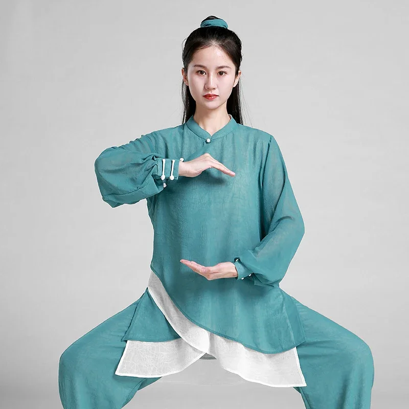 Martial Art Uniform Kung Fu Dress Wushu Clothing Tai Chi Clothes Women Girl Breathable Kun Master 2023 New Style Stone Green