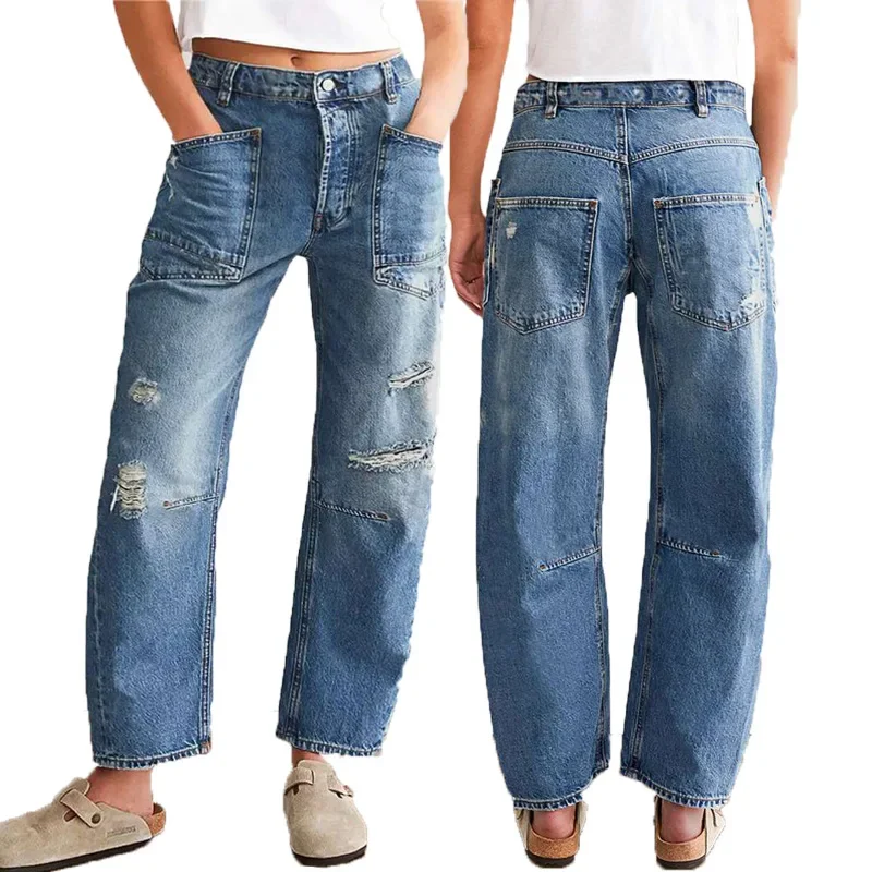 

Новые джинсы в уличном стиле с асимметричным принтом, винтажные, с высокой талией, прямые брюки, модные, для трансграничной торговли, весенняя коллекция