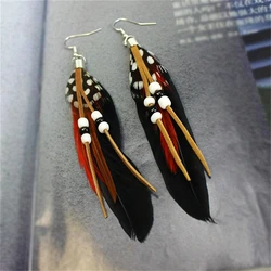 1Pair Tassel Dangling Earrings Colorful Feather Leather Beads Earrings Indian Feathers Summer Womens Fashion Jewelry