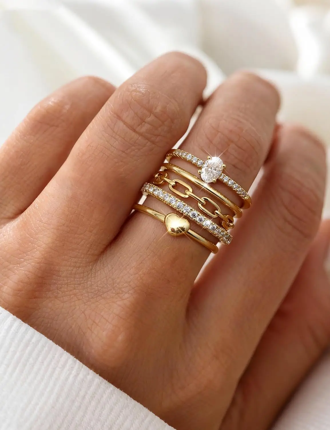 5 قطعة 14K مطلية بالذهب خواتم للنساء غير تشويه داينتي مكعب زركونيا التراص خواتم مقاوم للماء الحد الأدنى رقيقة حلقة حجم 5-10
