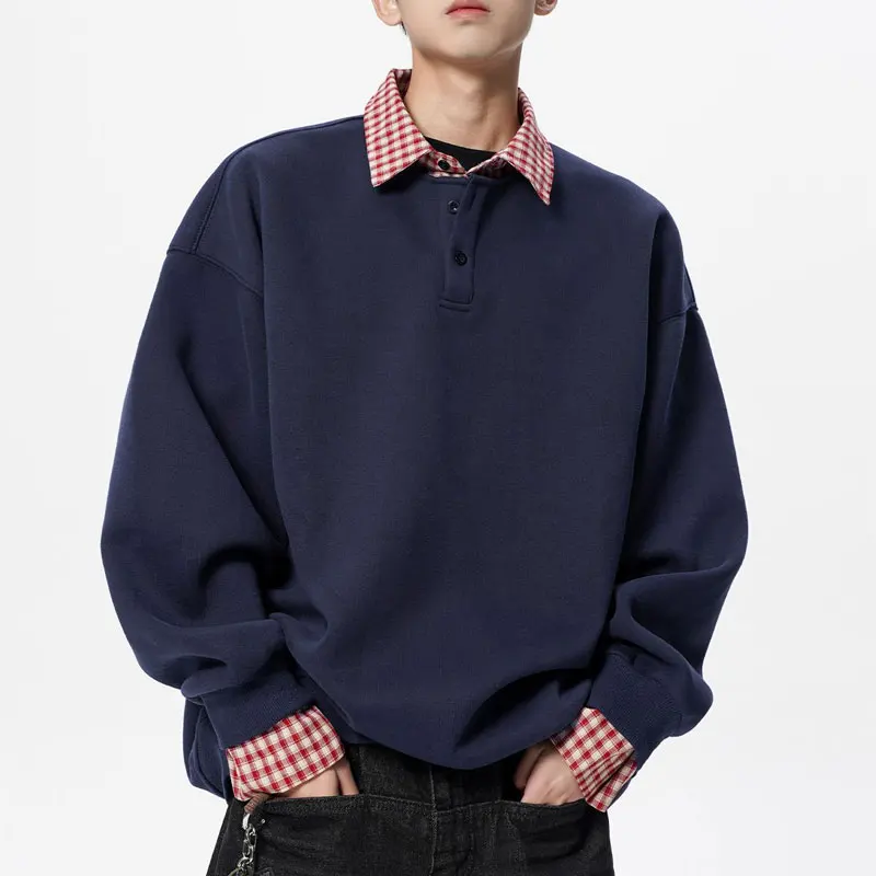 American Retro Plaid Spliced Hoodies Men's Clothing Lapel Spring Autumn Fake Two Pieces Loose Preppy Style Casual Sweatshirts