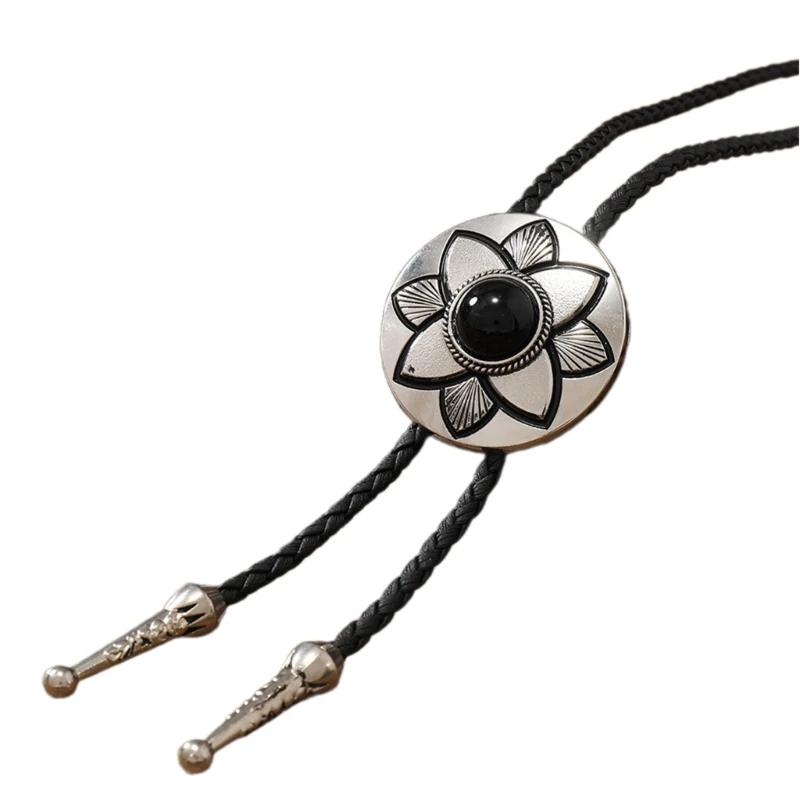 Western Bolo Tie Neckties Necklace with Metal Flower Cowboy Hat Pendant