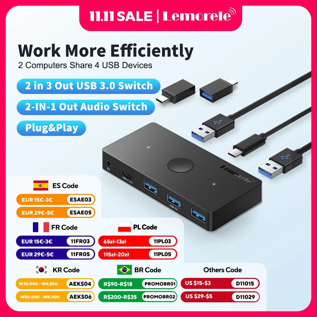 

Lemorele H100 USB Switch selector 2 PC/Laptop USB3.0 Hub two-in five-out Shared Switch Plug and play with Windows Mac OS Linux