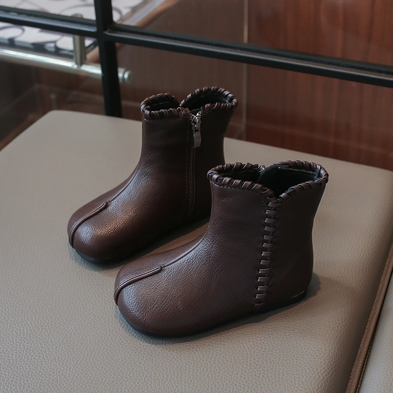 Girls Cute Ankle Boots Hand‑Stitched Trim Side‑Zipper Short Booties Soft Toddler Autumn‑Winter Casual Dress Shoes