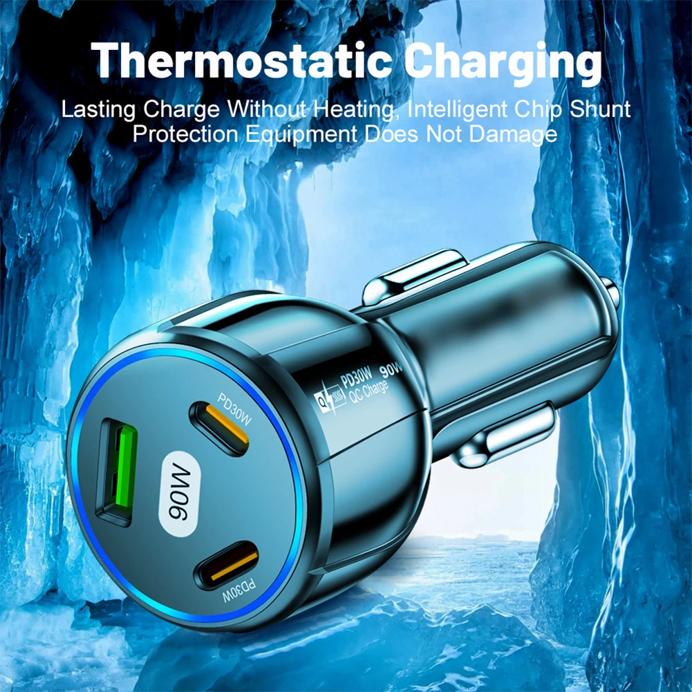 شحن السيارة محول الشحن السريع شاحن سيارة ذكي QC30W وPD30W متوافق مع حماية ماس كهربائى للهواتف المحمولة