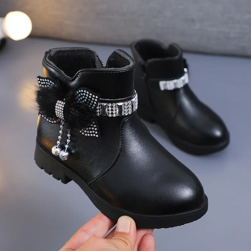 New Fashion Rhinestone Bow Kid Fashion Boots 2023 Girl Princess Boot WinterTassel Ankle Boot Plush Warm Kid Shoe Girl Short Boot