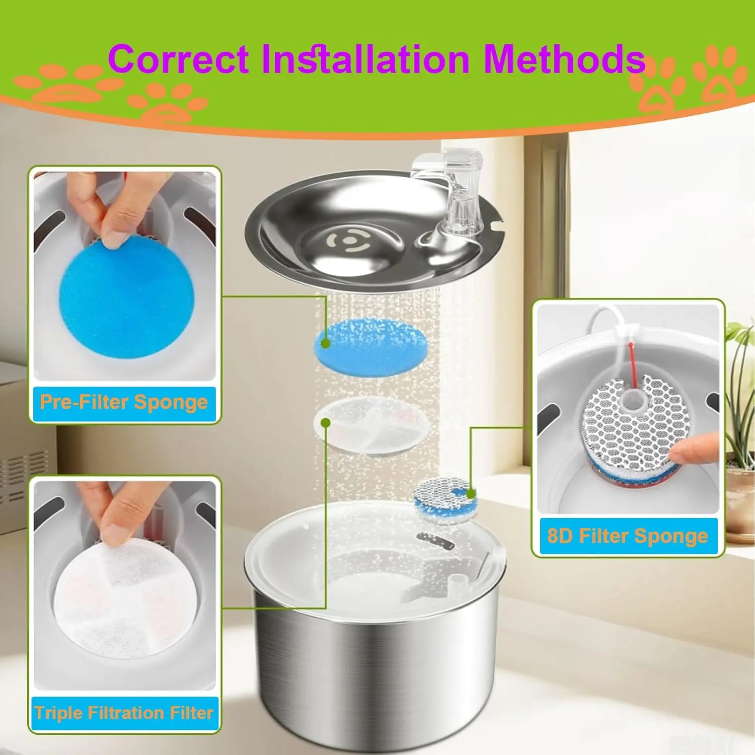 Distributeur d\'eau en acier inoxydable pour animaux de compagnie, fontaine à eau pour chat, remplacement de livre de charbon actif, accessoires pour