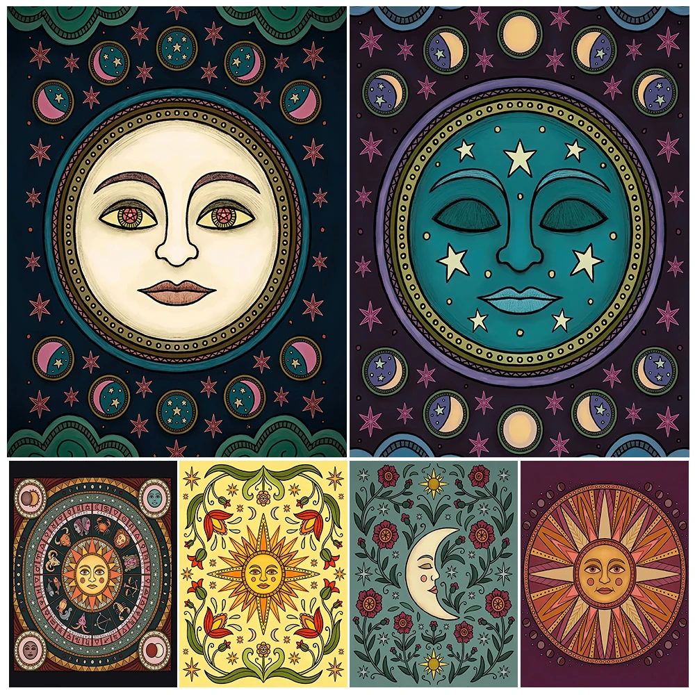 Sun And Moon Astrology Art Poster And Print,Moon Phase Folk Illustration Abstract Wall Art Canvas Painting Home Decor Unframed