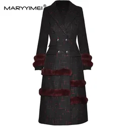 MARYYIMEI Autumn and Winter Women's Wine red/Black Coat Long-Sleeved Double-Breasted Pocket Fashion Plaid Overcoat