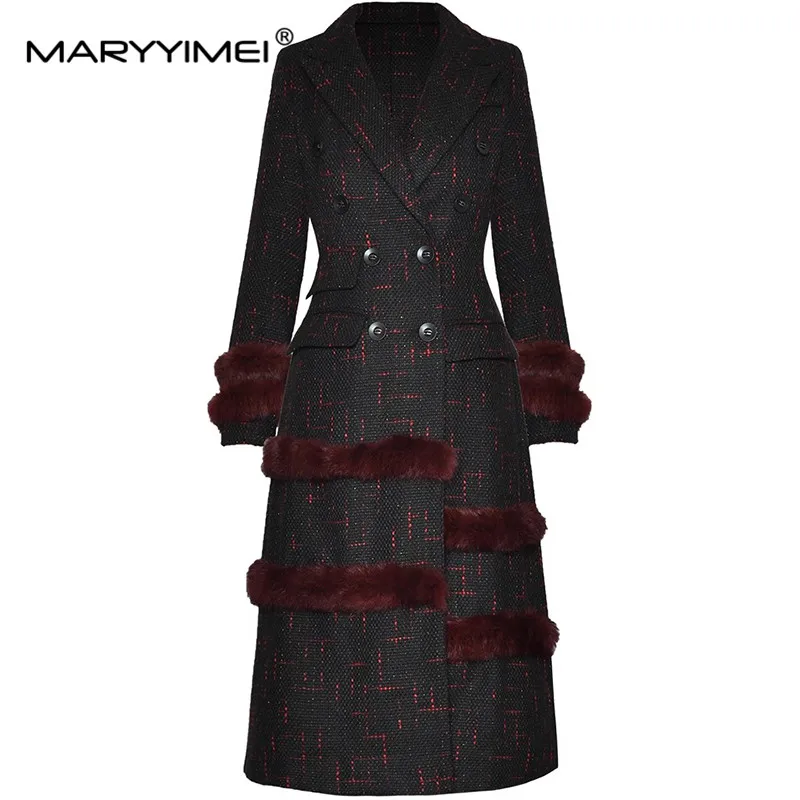 MARYYIMEI Autumn and Winter Women's Wine red/Black Coat Long-Sleeved Double-Breasted Pocket Fashion Plaid Overcoat