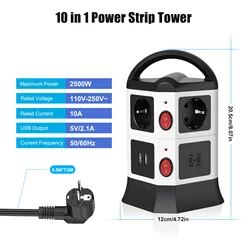 EU Tower Power Strip 6 Way Outlets Vertical Power Socket with 2 USB 2 Type C 2M Extension Cord Multi Plug Overload Protector 10A