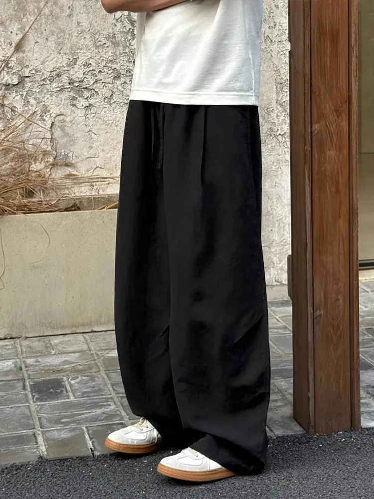Lniane spodnie męskie z szerokimi nogawkami, letnie, cienkie, luźne, zwiewne, codzienne spodnie, krój prosty, luźny krój, oddychające.