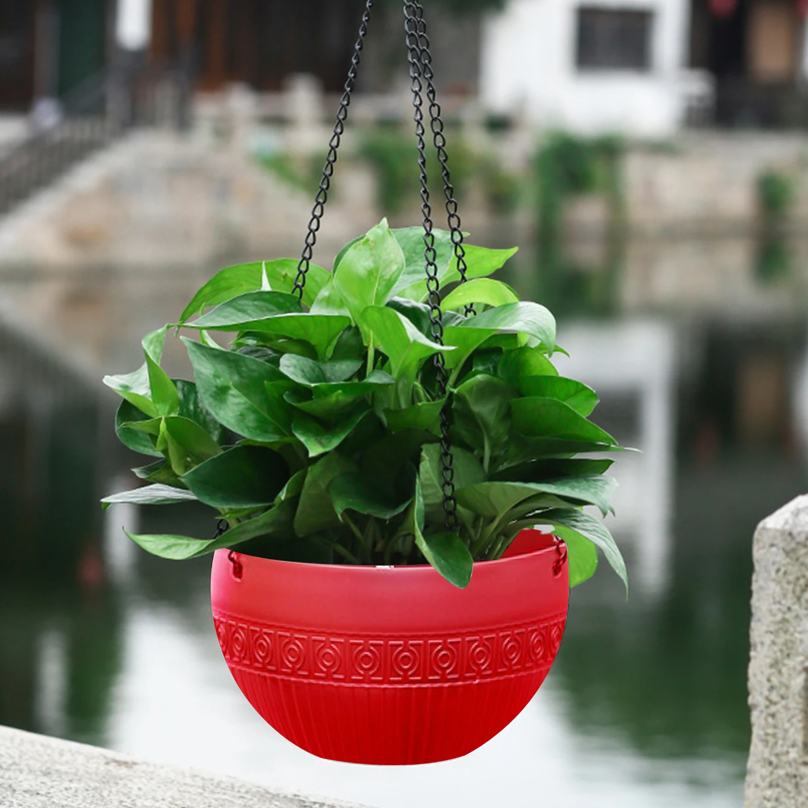 Outdoor Hanging Plant Pot with Drainage Holes and Water Barrier Net Featuring Removable Iron Chain for Stability
