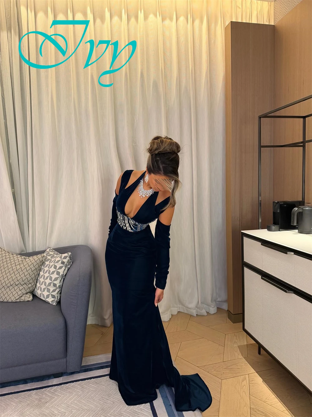 Robe de soirée sirène de luxe personnalisée, manches longues scintillantes, robes de bal de haute qualité, col licou, robes d'occasion spéciale