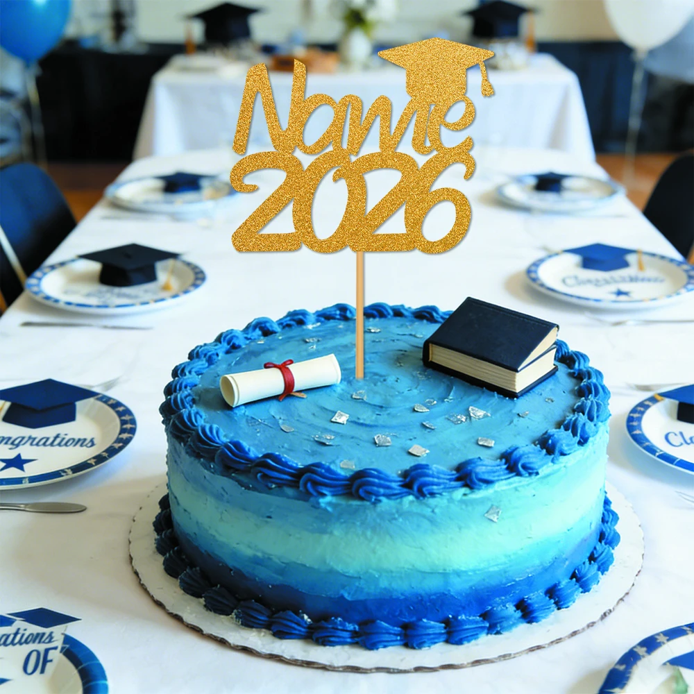 1 Stück personalisierter Text-Glitzer-Kuchen-Topper im Abschlusskappendesign 2026, perfekt für die Abschlussfeier der Jahrgangsklasse 2026, Kuchendekoration