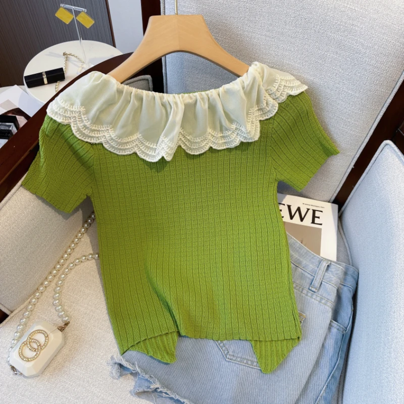 Women's Avocado Green Knit Top with Lace Ruffle Collar Sweet Summer Short Sleeve Blouse Soft Stretchy Fabric