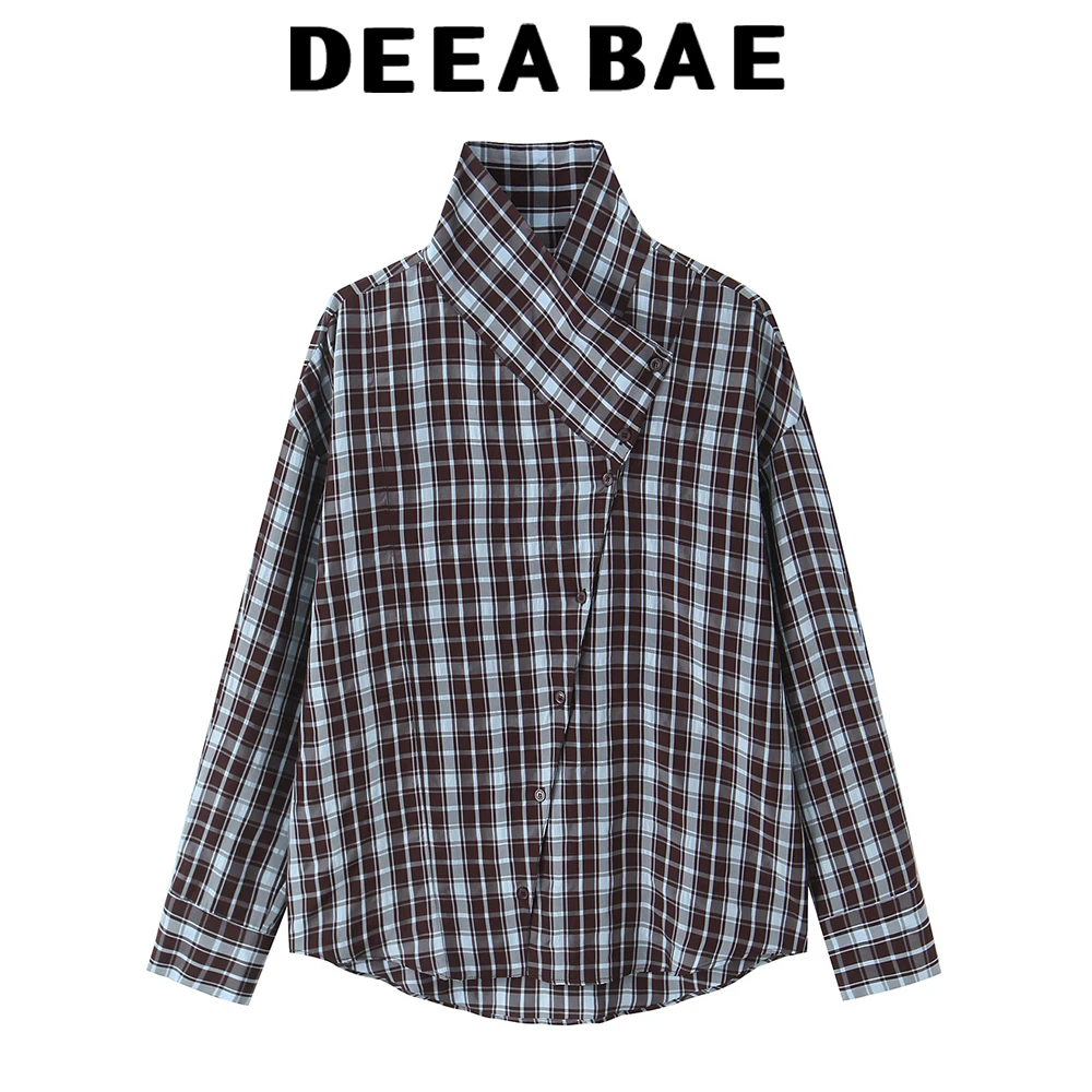DEEABAE Frühlingsneues, lockeres, langärmliges, retro-kariertes, doppelreihiges Hemd mit asymmetrischem Design für Damen