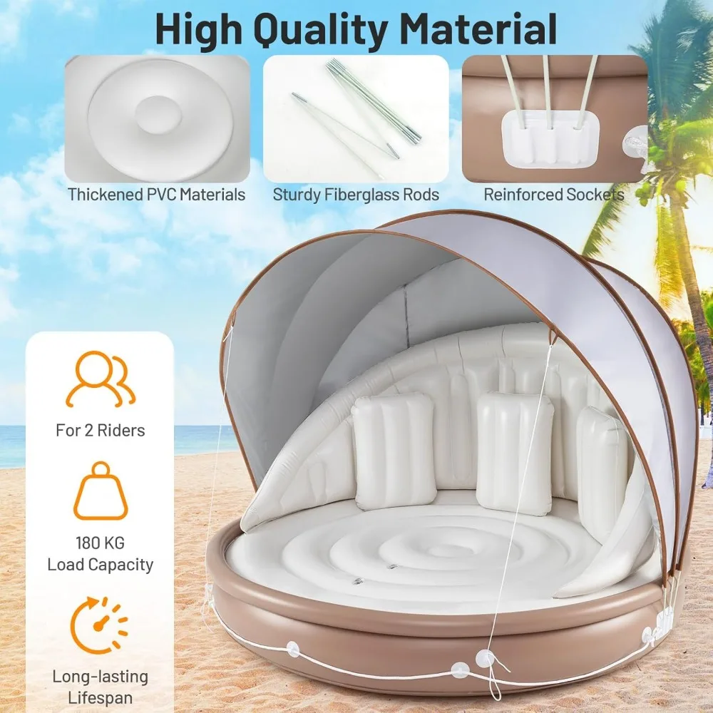 Moccha Inflatable Island with Canopy - 440 lbs Party Floats with SPF50+ Retractable Detachable Sunshade & 3 Pillows, 2-3 Person
